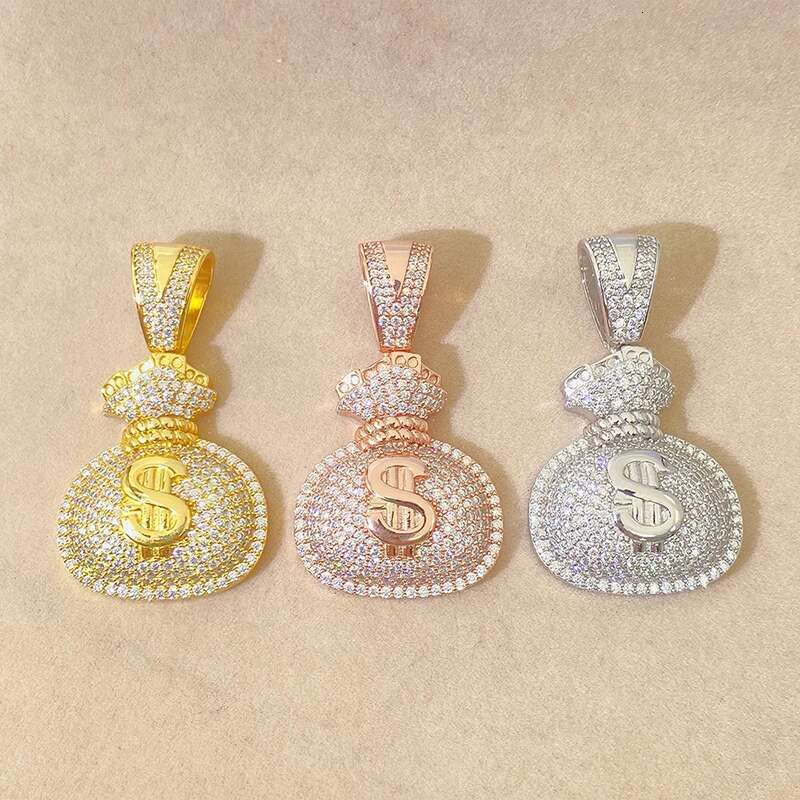 Hip Hop Dollar Money Bag Unisex Full Moissanite Dia Pendants Original Sterling Sier Jewelry Match Necklace