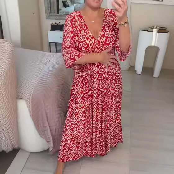 Maxi Dress New Oversized Super Fairy V Neck Floral Vacation Beach Dress Loose Long Skirt KQ