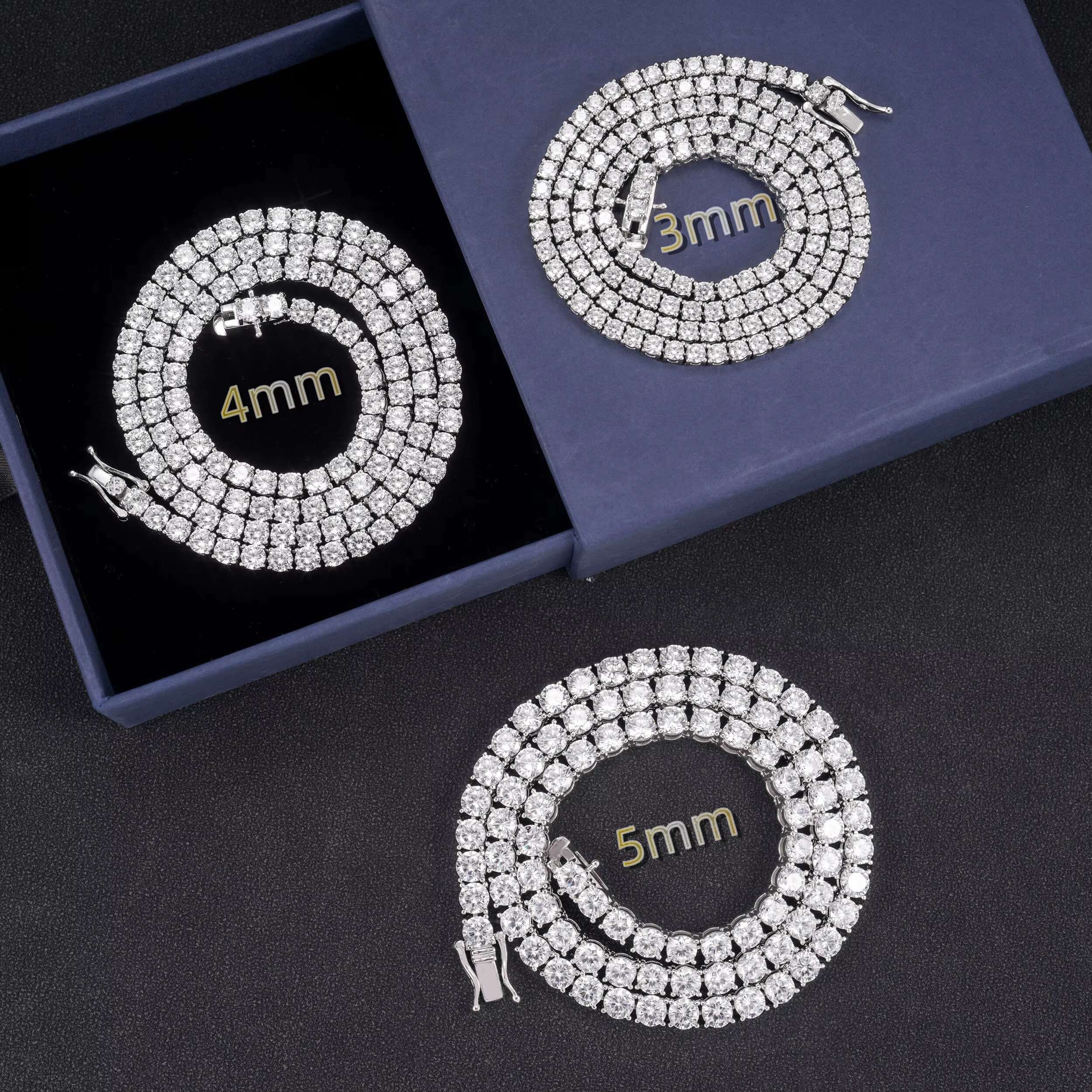 925 Silver 5A Cubic Zirconia Affordable 3mm 4mm 5mm Tennis Chain Necklace Bracelet 18k Gold Plated Necklace Hip Hop Rock