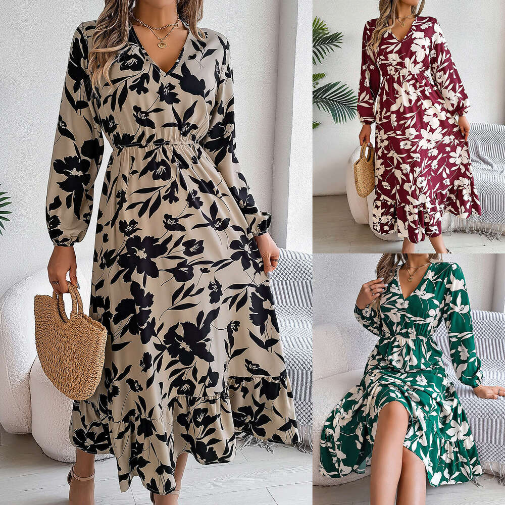 2024 Autumn/Winter Casual Flower Waist Long Sleeve Ruffle Edge Dress Women's Wear
