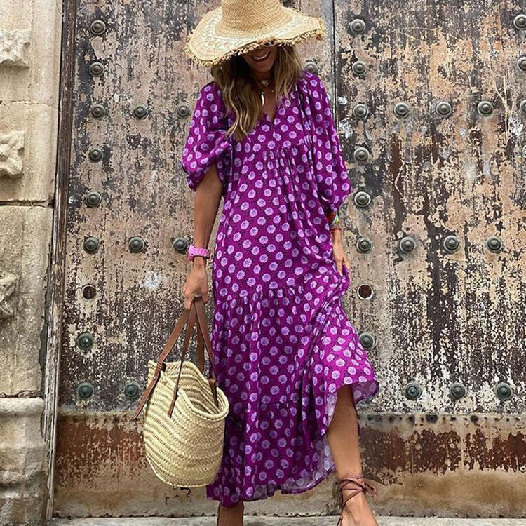 Maxi Dress Autumn New Hot Selling Geometric Print Bubble Sleeve Dress Explosive Street Large Women S Wear Formai Dress