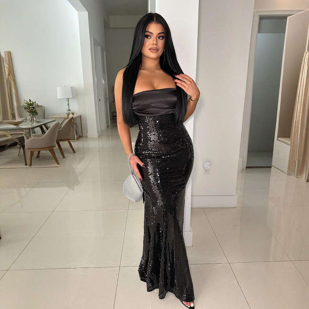 Maxi Dress Wind Women S Sexy And Fashionable Strapless Backless Patchwork Sequined Fish Tail Formal Dress Formai Dress