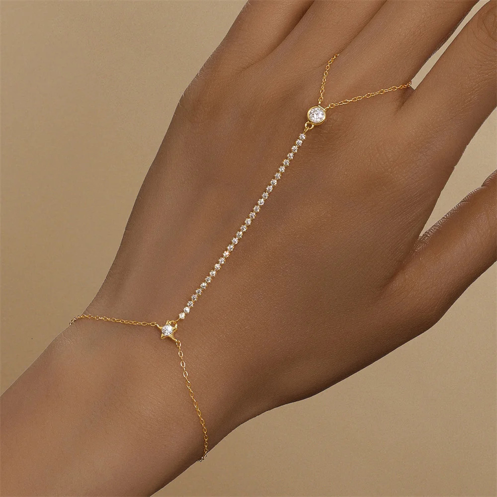 ROXI 925 Sterling Silver Heart/Star Zircon Bracelet With Finger For Women Hand Chain Accessories Party Jewelry Gift 250517