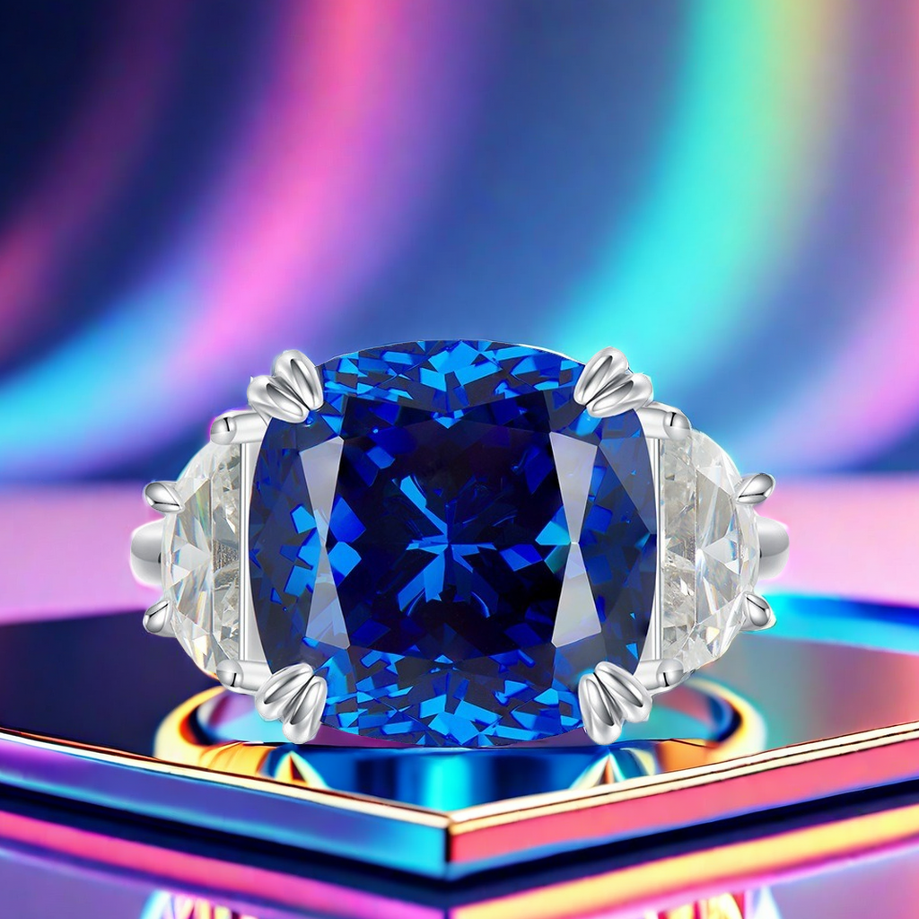 S925 sterling silver 13*13 artificial high-carbon diamond dreamy royal blue beautiful ring, European and American personalized fashion high-end royal 