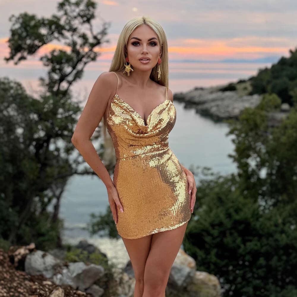 Maxi Dress Summer Women S Gold Sequin Sexy Back Cross Nightclub Party Spicy Girl Outfit Suspender Skirt KQ