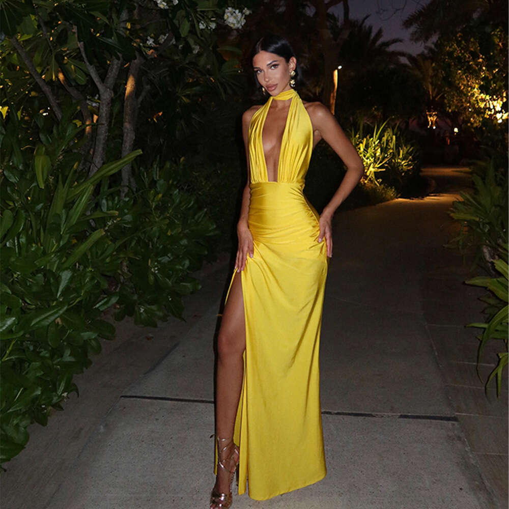 Maxi Dress Ins Style Summer New Sexy V Neck Hanging Neck Backless Long Skirt Solid Color Slit Dress Formai Dress