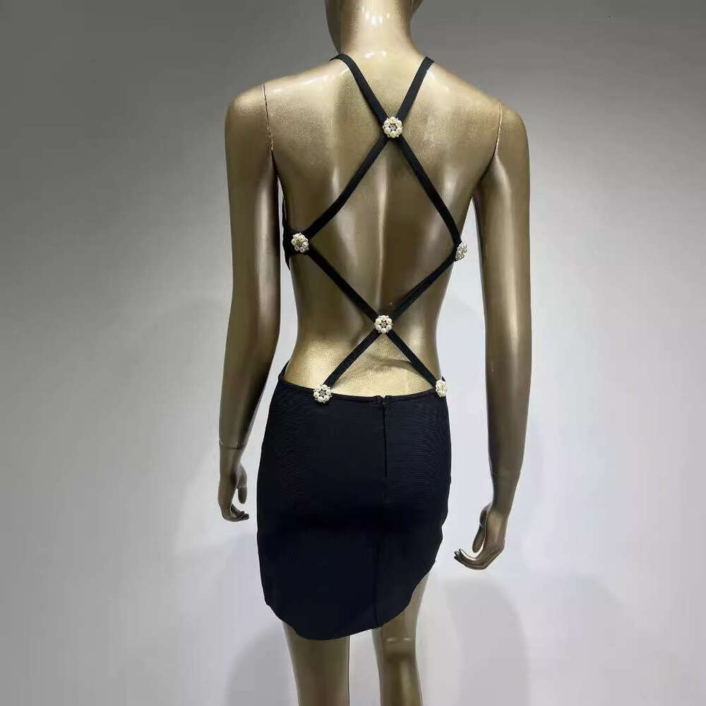Maxi Dress New Bandage Skirt Sexy Hanging Neck Waist Exposed Diamond Grid Back Ultra Short Small Black Party Dress KQ