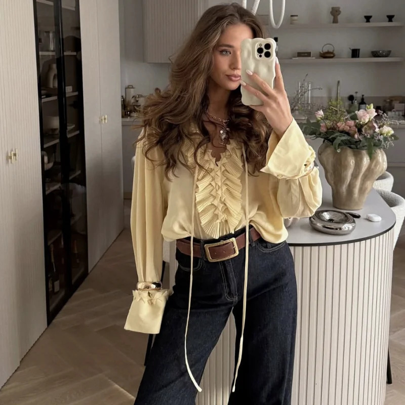 Talenza Casual Chiffon Shirt Women Fashion Pleated Laceup Solid Lace Top Summer Vacation Loose Vintage Elegant Female Blouses 250516Z