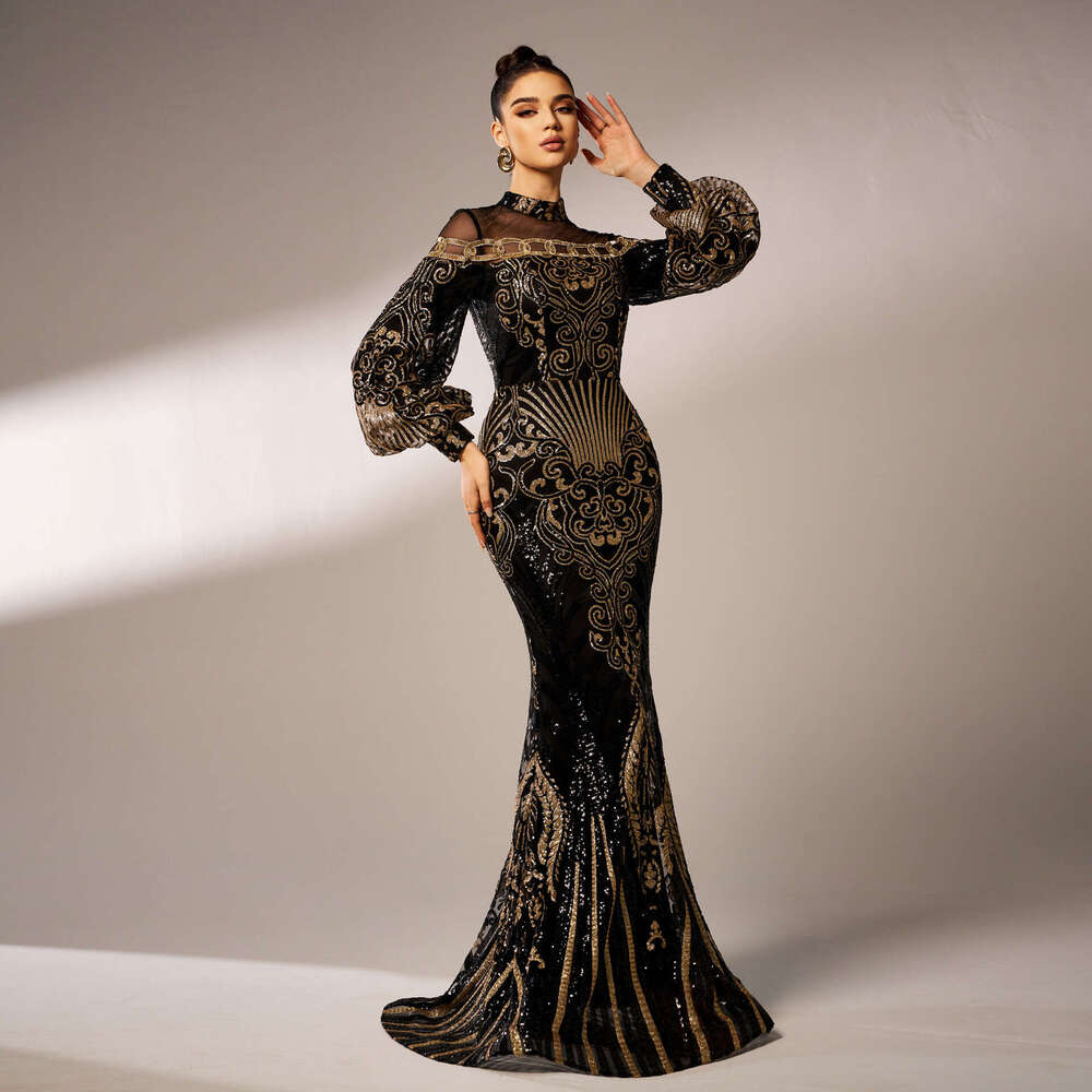 Maxi Dress New Sleeved Round Neck Long Sequined Banquet Mesh Fishtail Evening Bridesmaid Women S Dress KQ
