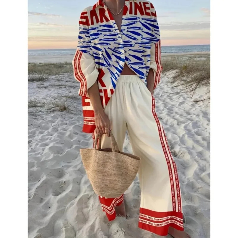 Vacation Style Cruise Print Two-Piece Cruise Outfit Seaside Tropical Print Lapel Shirt Wide-Leg Pants Suits For Women 250517