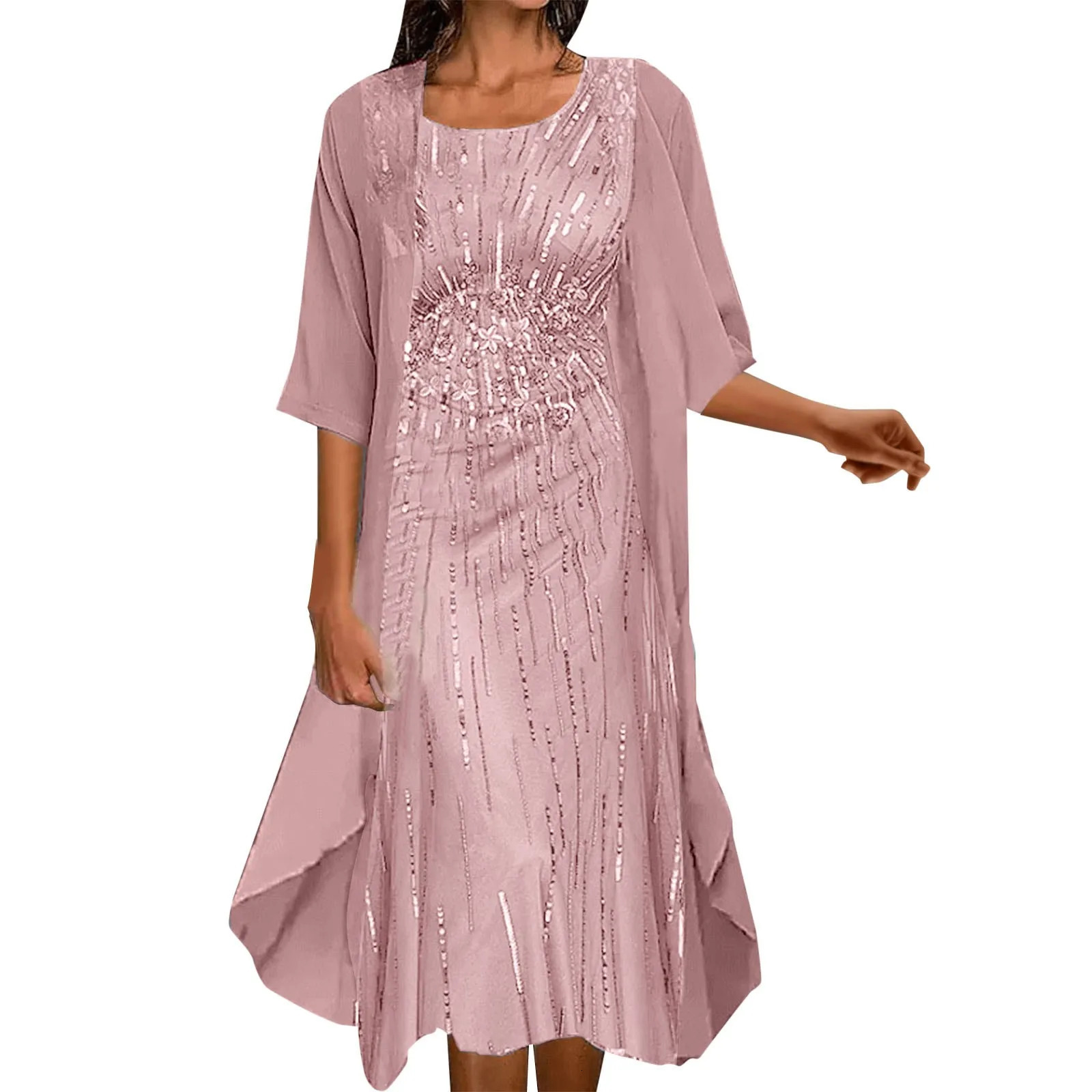 Formal Party Dresses Women Elegant Shiny Sequins Solid Color O-Neck Evening Dress Wedding Dress Two Piece Set Dress Vestidos 250516