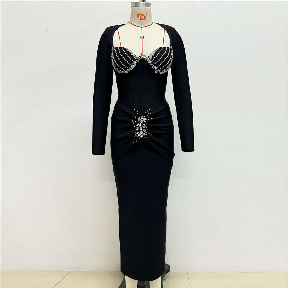 Maxi Dress New Sleeved Bandage Temperament Long Skirt Fashionable Dress Heavy Duty Custom Made Diamond Women S Dress With Temperament KQ