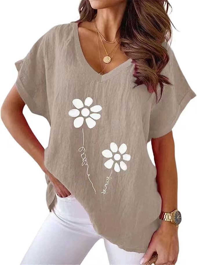2023 Summer Plus Size Womens Printed V-neck Ice Silk Bamboo Knot Casual Bat Short Sleeved T-shirt