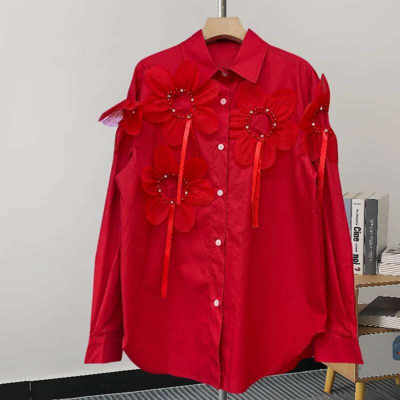 ,New,European,Clothes,Loose,Blouse,Sexy,Cardigan,Vintage single,Breasted,3D flower,Women,Shirt,Long Sleeve,Casual,Tops,41269