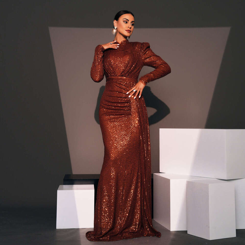 Maxi Dress Evening Gown Sleeved Temperament Round Neck Sexy Slim Fit Long Sequin Banquet Bridesmaid Dress For Women KQ