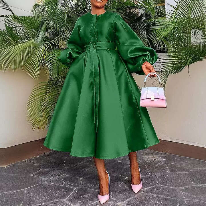 Maxi Dress BN Women S Autumn Winter New Solid Color Bright Face Loose Button Lantern Sleeve Dress KQ