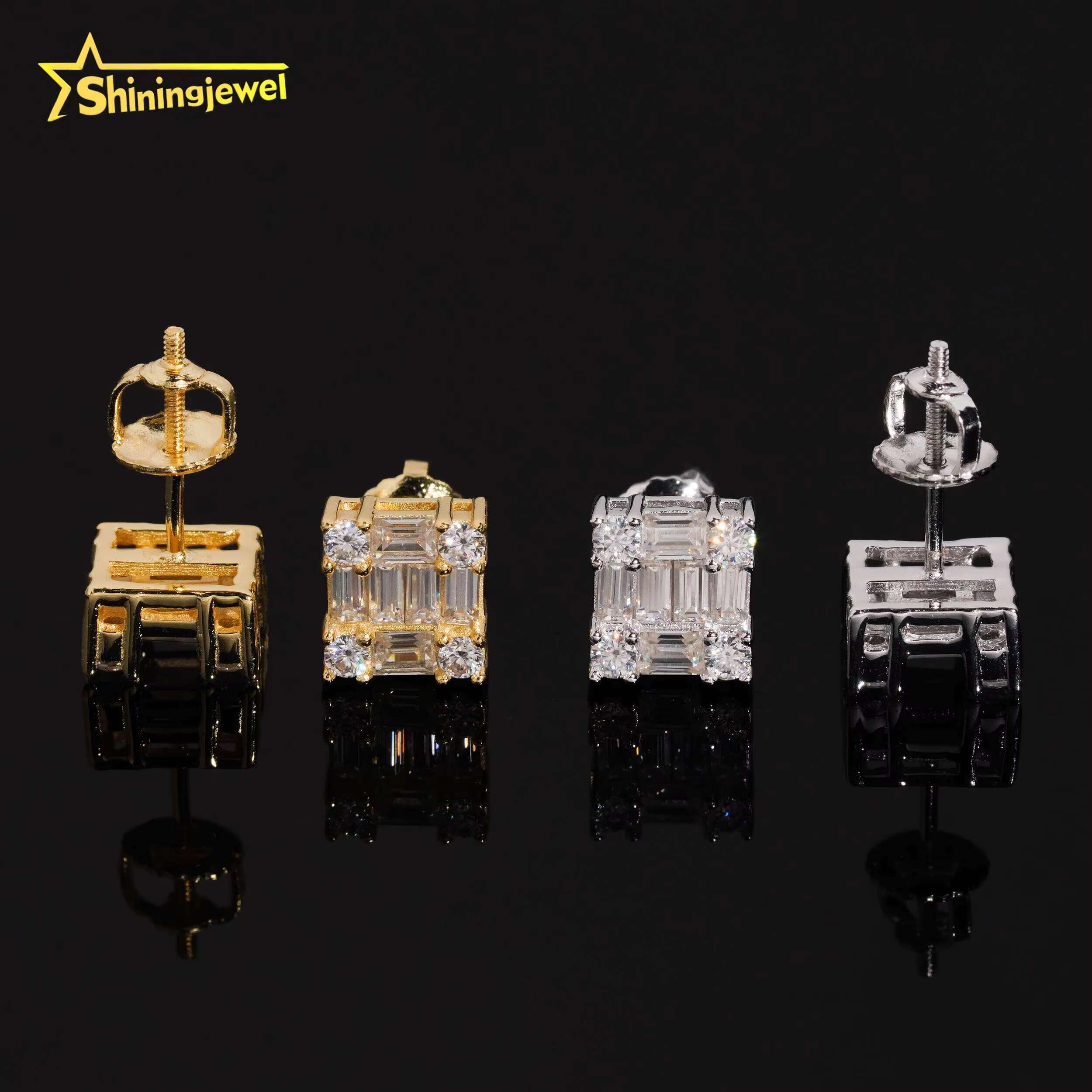 Luxury Jewelry 925 Silver Emerald Cut Moissanite Diamond Bling Special Design Iced Out Square Stud Earrings for Men