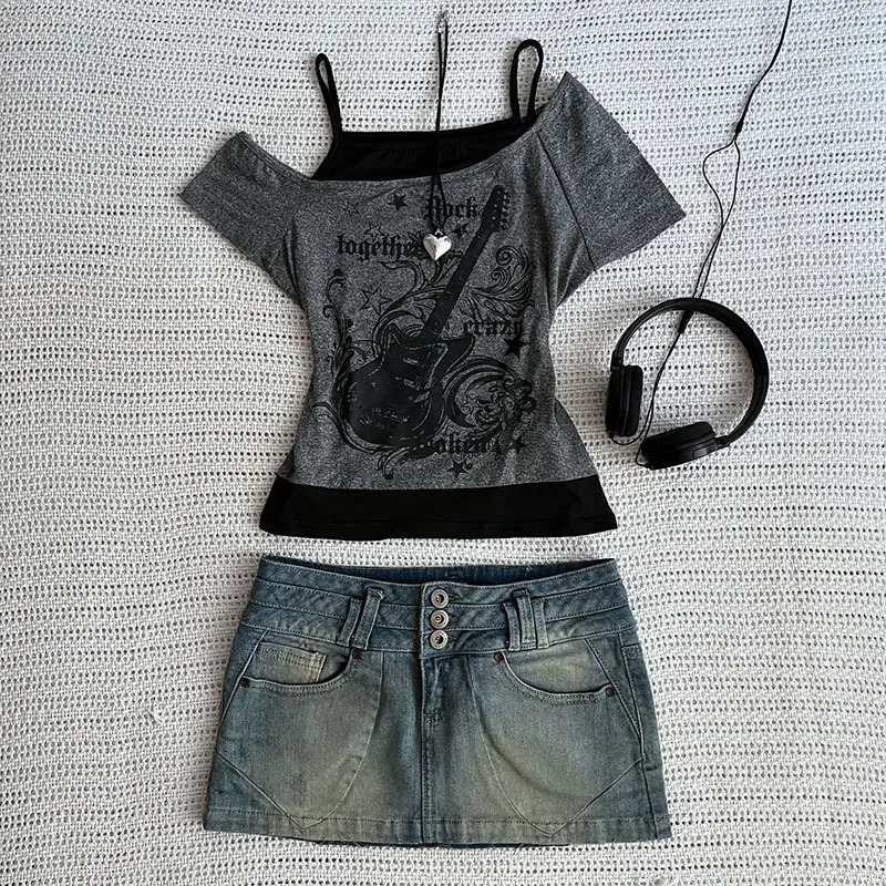 Y2k Slim Fit Print Tops Women Off Shoulder Short Sleeve Tee Shirt Neploe American Vintage Two Piece Halter Lace Up T-shirts 250517