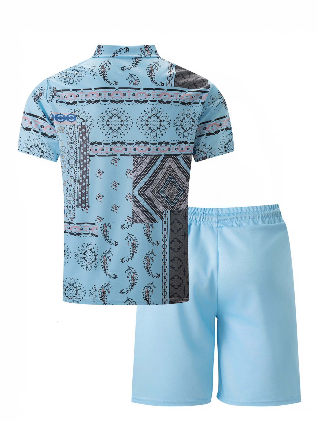 summer mens short sleeve zipper printed Polo shirt shorts Beach Hawaiian style two-piece suit 250517