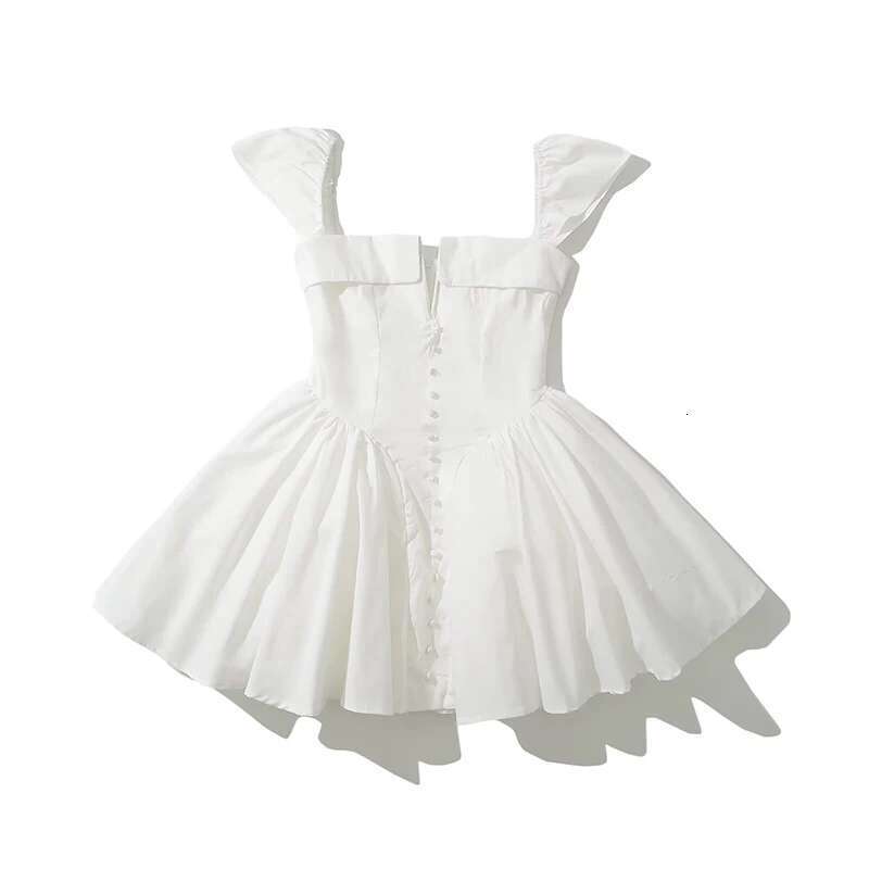 Summer Women Sexy Fit And Flare White Mini Dresses Short Sleeve Low Waist Elegant Party Dress Ladies Bridesmaids Robe