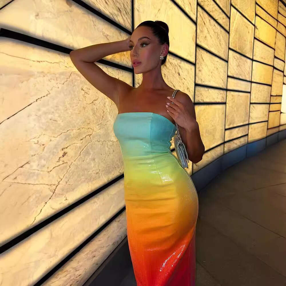 Maxi Dress New Strapless Rainbow Gradient Sequins Dating Travel Photography Graduation Season Socialite Evening Dress KQ