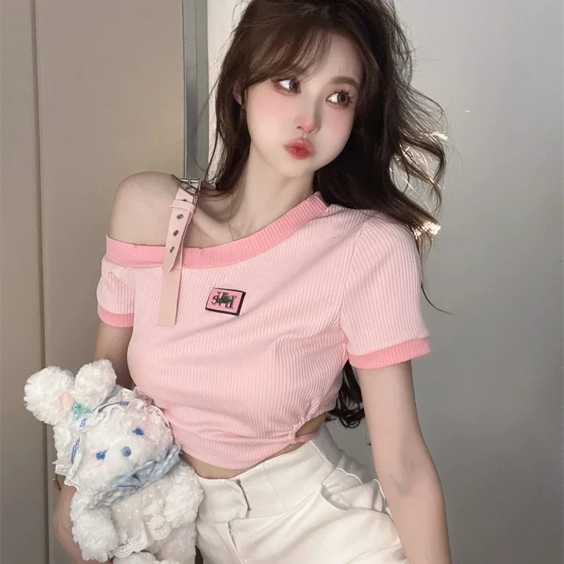 Women Off Shoulder Party Graphic Clothes Lady er Crop Short Sleeved T-shirts Female Sweet Spicy Style Pink Tie Up Tops 250517