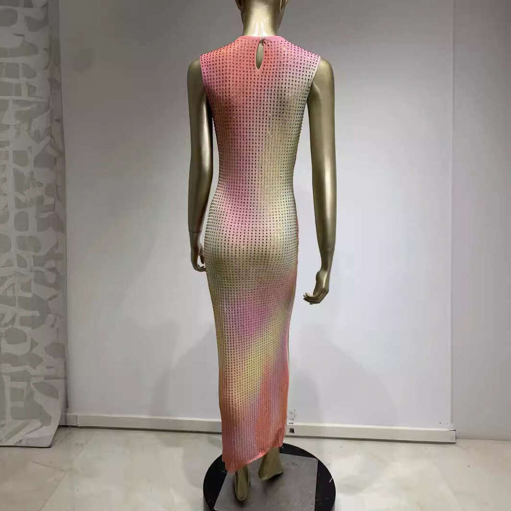 Maxi Dress New Sleeveless Round Neck Hot Diamond Gradient Long Fashion Banquet Party Dress KQ