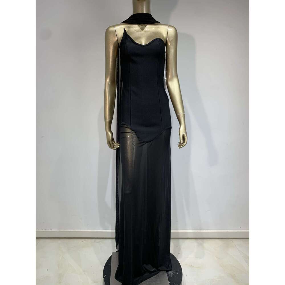 Maxi Dress New Formal Strapless And Neck Hanging Transparent Long Dress Party Dress KQ