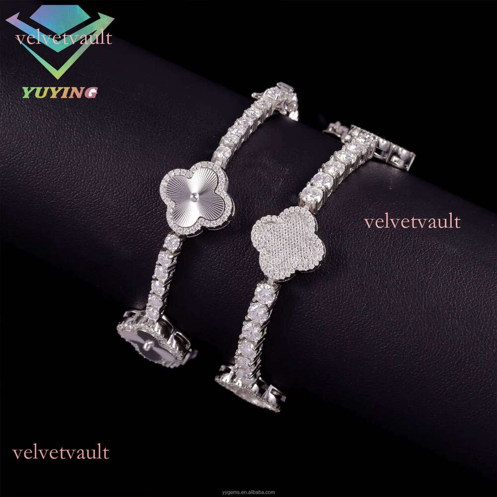 Hot Sale 3mm 4mm wide Sterling Sier Hip Hop VVS Moissanite Lucky Clover Tennis Bracelet