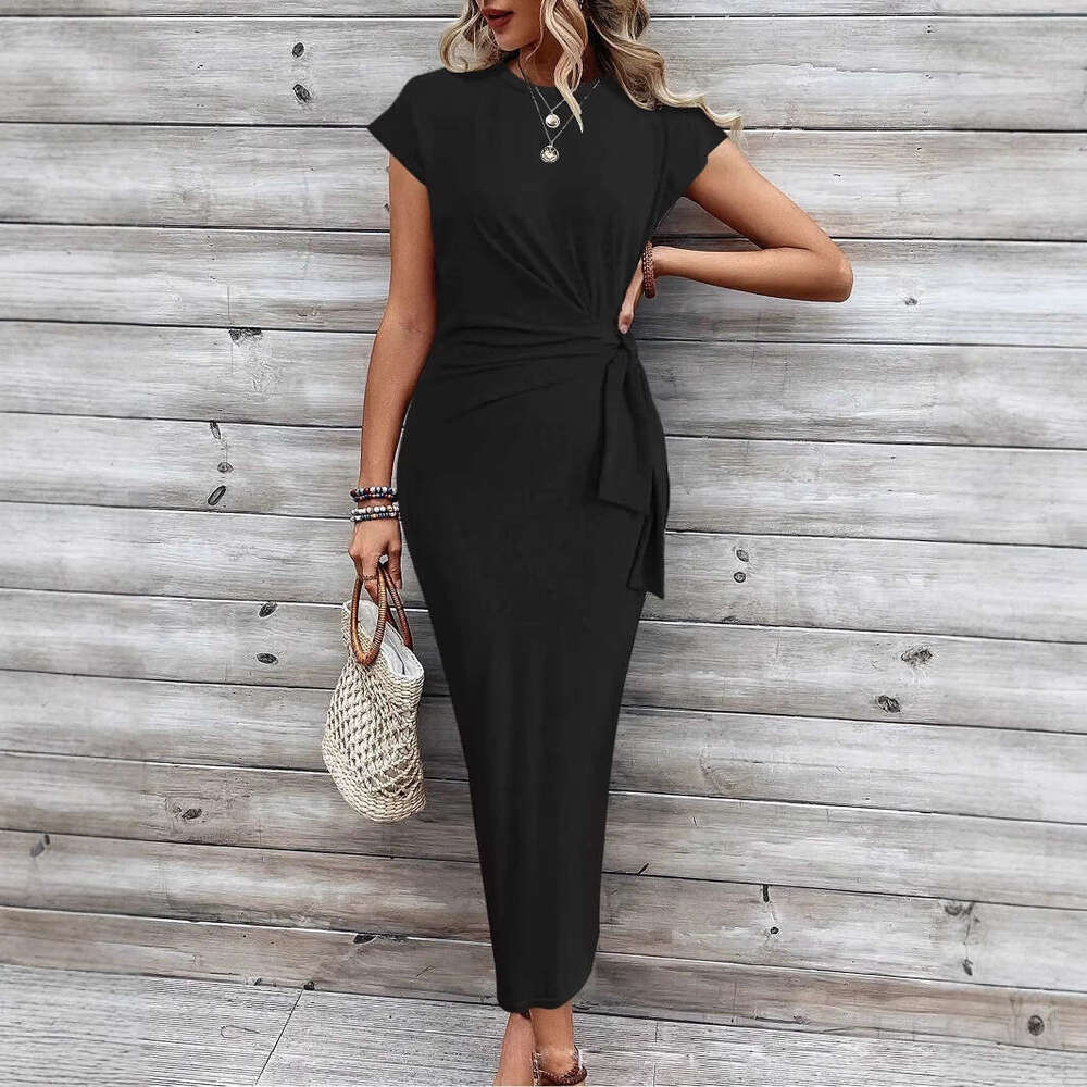 Maxi Dress Elegant Temperament Waist Strap Striped Round Neck Short Sleeved Long Dress Summer High End Women S Clothing KQ