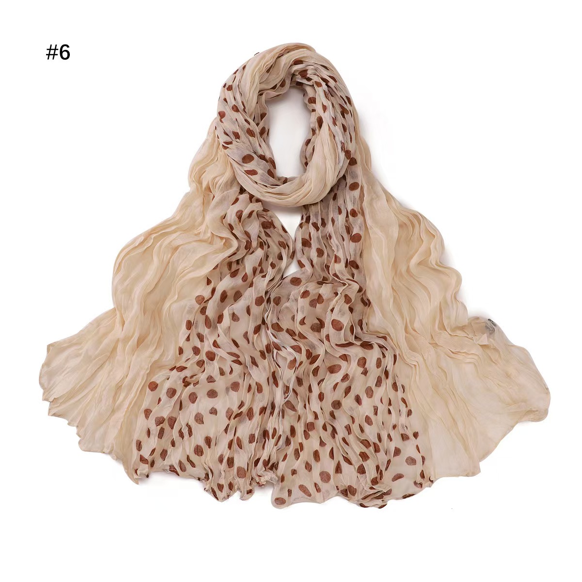 T742 Fresh Forest Artistic Polka Dot Bali Gauze Pleated Scarf Color Matching Printed Crumpled Twisted Head Scarf Silk Scarf Women