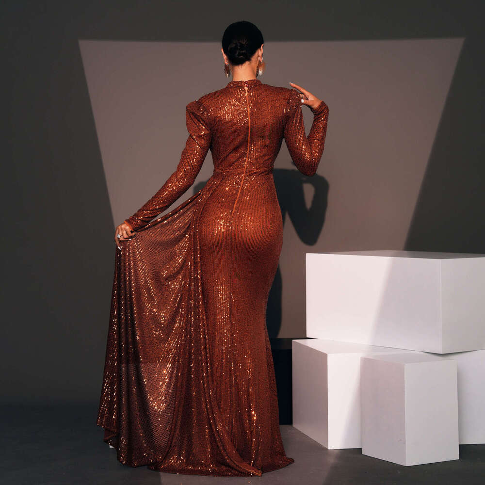 Maxi Dress Evening Gown Sleeved Temperament Round Neck Sexy Slim Fit Long Sequin Banquet Bridesmaid Dress For Women KQ
