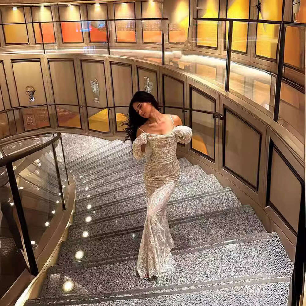 Maxi Dress Lace High End Creamy White Long Dress Mesh Slim Fit Sexy Women S Clothing Formai Dress
