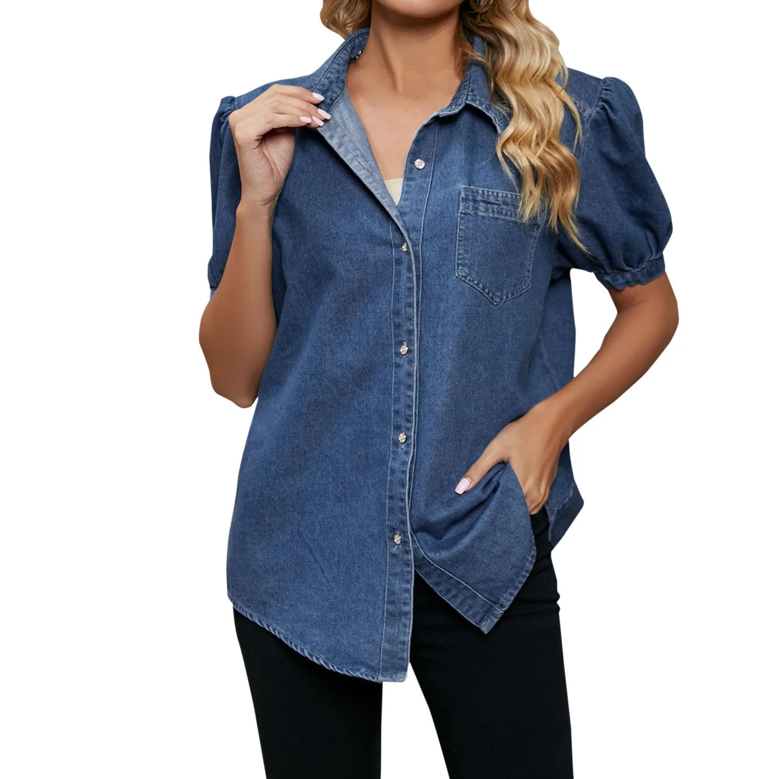 Elegant Teen Blouses Shirt Short Sleeve Denim Jacket Straight Pocket Loose Top Ladies Shirts Blusas Mujer 250516Z