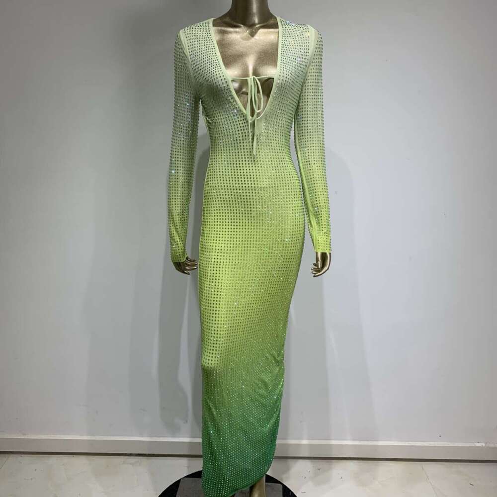 Maxi Dress New Hot Diamond Gradient Green Dress Fashionable Long Sleeved Deep V Party Dress KQ