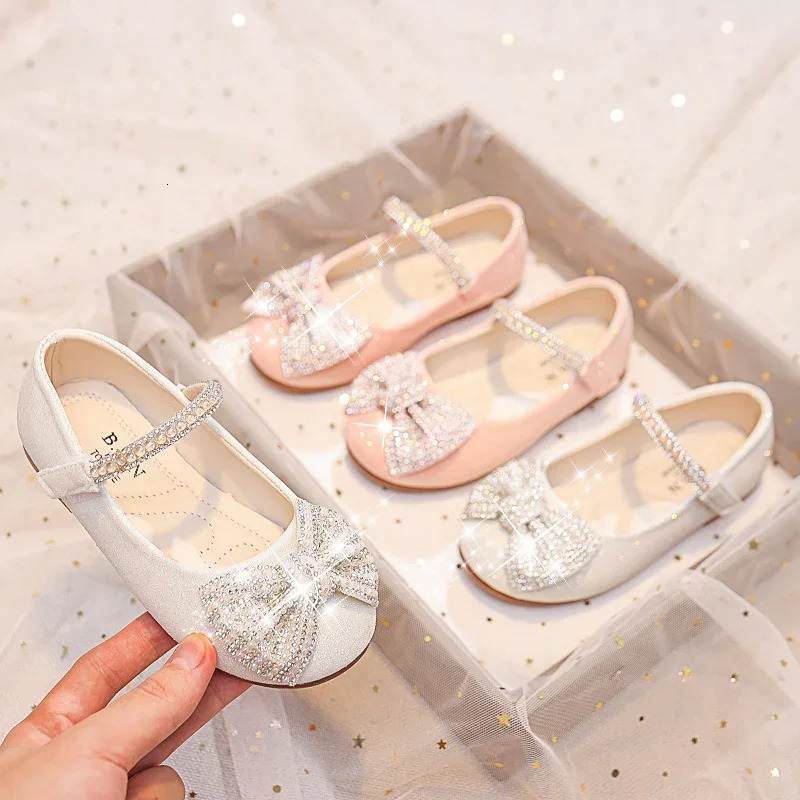 Children Mary Janes for Party Wedding Shows Girls Flats Shiny Rhinestones Bow Round-toe Kids Shoes Non-slip Moccasin Shoes 250517CJ