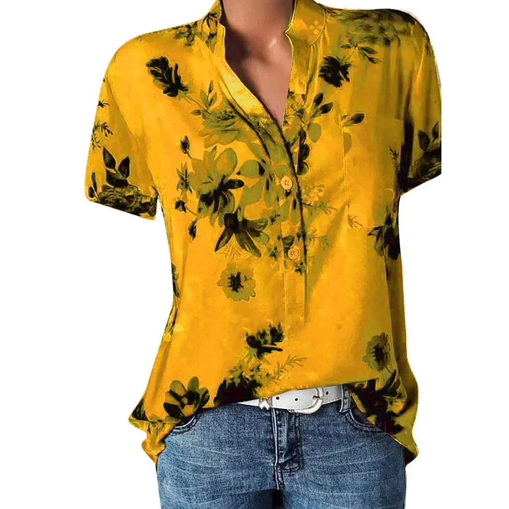 Summer Short Sleeve Button Down Shirts Vintage Elegant Floral Print Lapel Regular Size Pocket Casual Holiday Shirt 250516Z