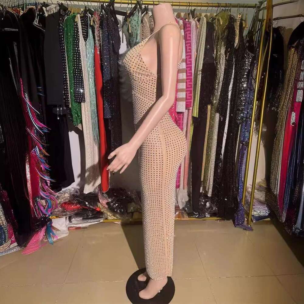 Maxi Dress Heavy Industry Flash Diamond Suspender Hollow Dress Light Luxury Niche Banquet Sexy Birthday Dress KQ