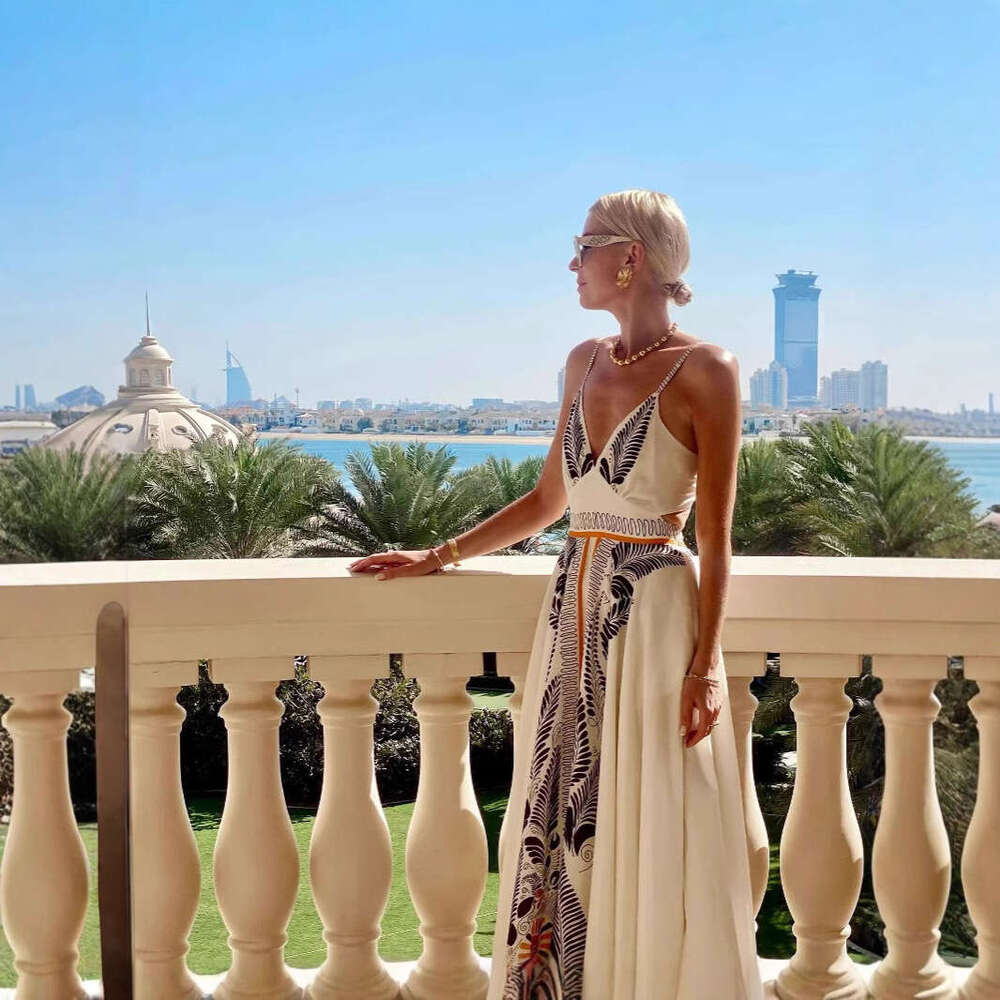 Maxi Dress Year Summer New Backless Lace Up Long With Printed V Neck Elegant Dress KQ