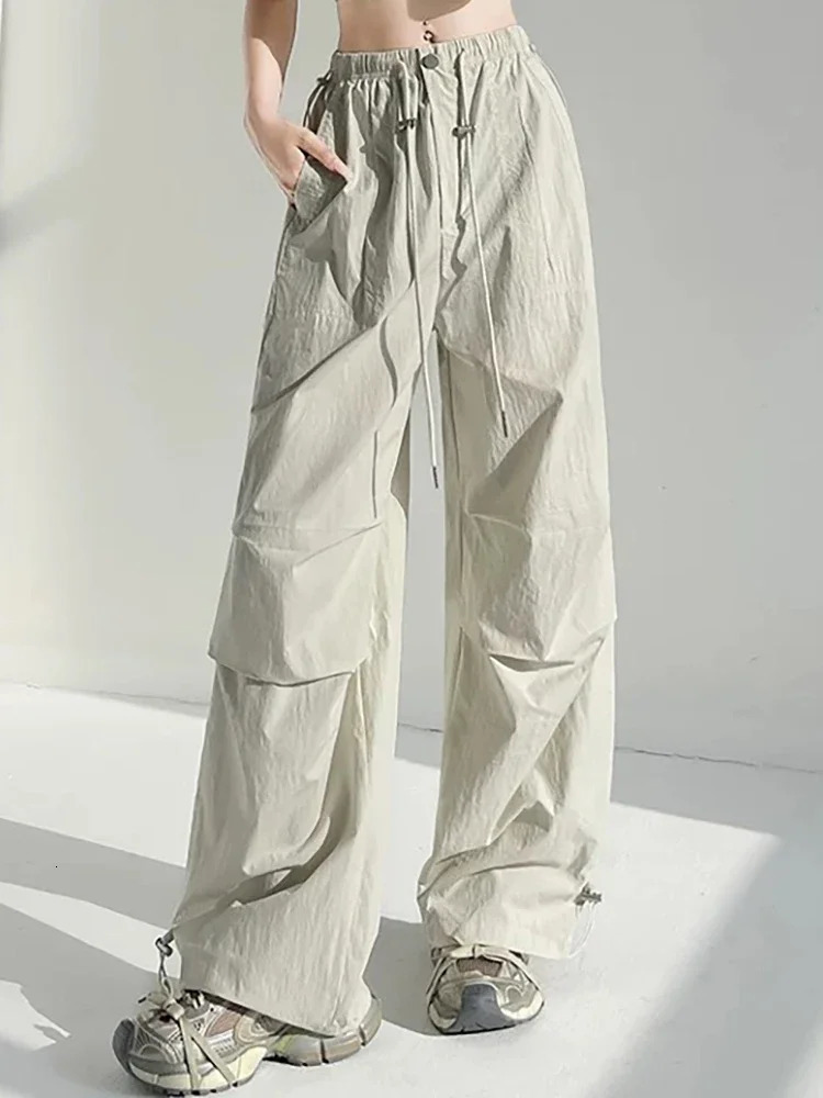 Womens Street Wear Elastic Waist Ice Silk QuickDrying Snug Sports StraightLeg Pants Summer Casual Loose WideLeg Cargo 250506
