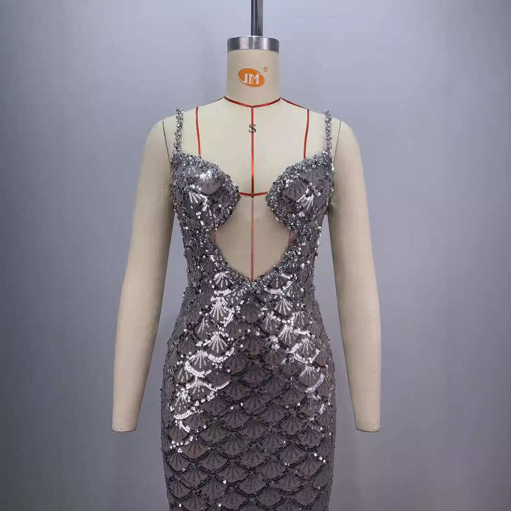 Maxi Dress Sexy V Neck See Through Fan Shaped Sequin Embroidered Suspender Dress Fashionable And Elegant Socialite Party Dinner Gift Formai Dress