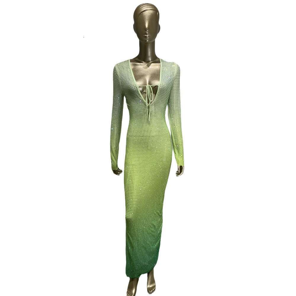 Maxi Dress New Hot Diamond Gradient Green Dress Fashionable Long Sleeved Deep V Party Dress KQ