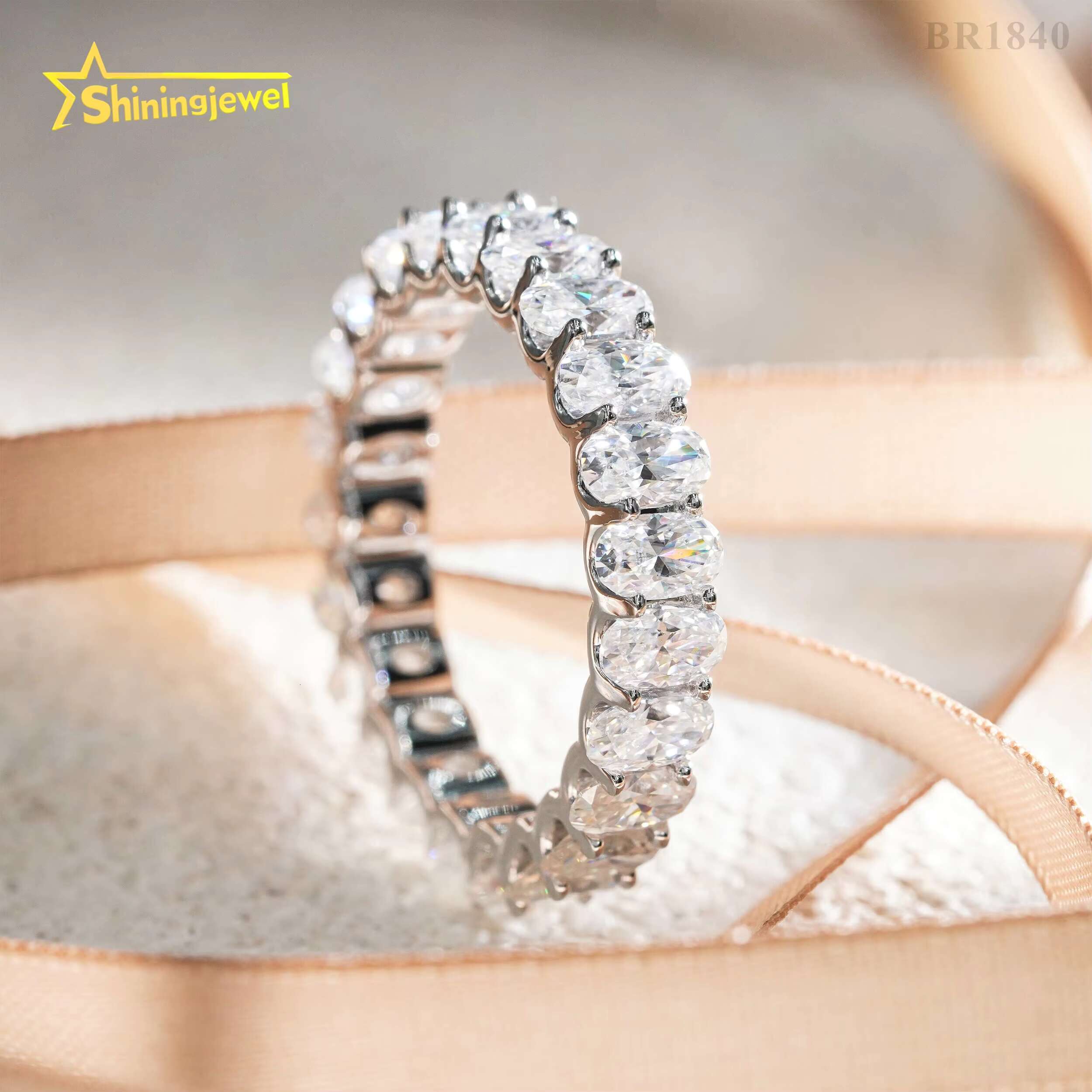 Wholesale 3*5MM 4*6MM Gold Plated 925 Sterling Silver Fine Jewelry Iced Out Diamond Oval Moissanite Hip Hop Eternity Band Ring