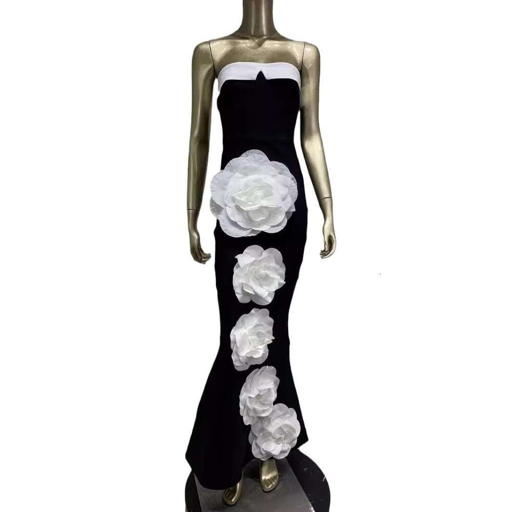 Maxi Dress New Bandage Strapless Black And White Patchwork Big Flower Long Party Skirt KQ