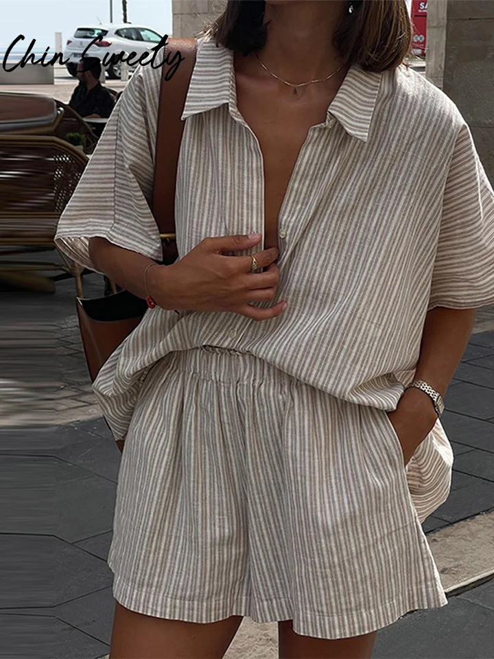 Vacation Striped Lace Up Women Shorts Suit Casual Lapel Half Sleeve Single Breasted Shirt Loose Short Pants Summer Lady Set 250517