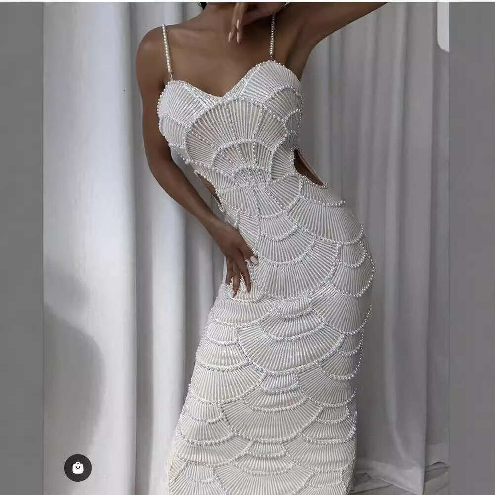 Maxi Dress New White Pearl Sequin With Fashionable Cut Out Party Dress KQ