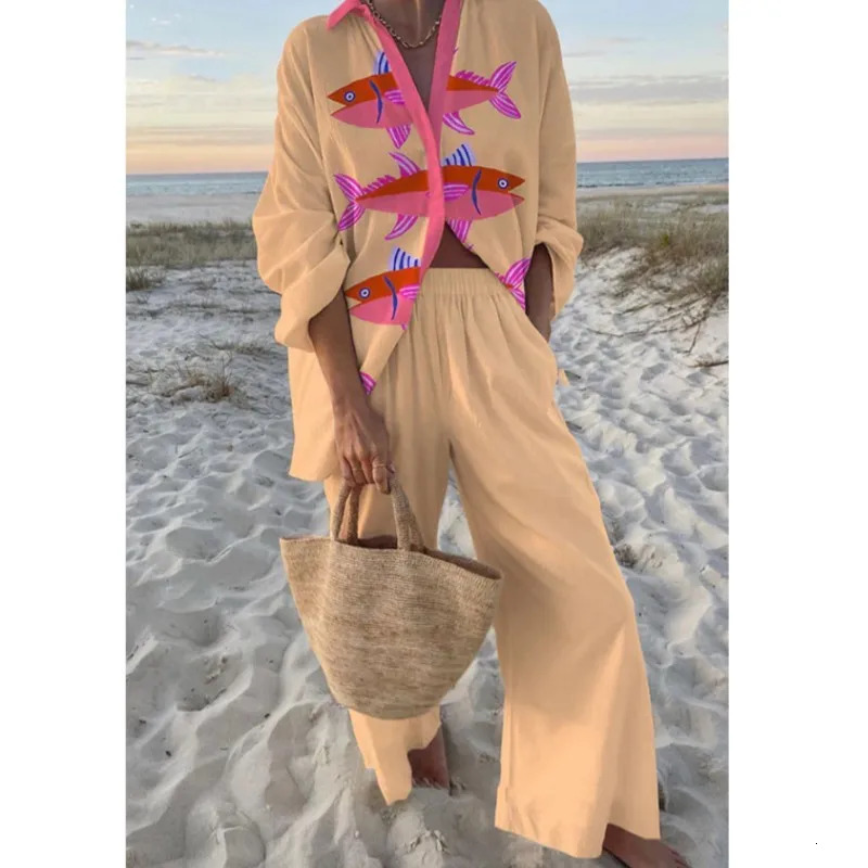 Vacation Style Cruise Print Two-Piece Cruise Outfit Seaside Tropical Print Lapel Shirt Wide-Leg Pants Suits For Women 250517