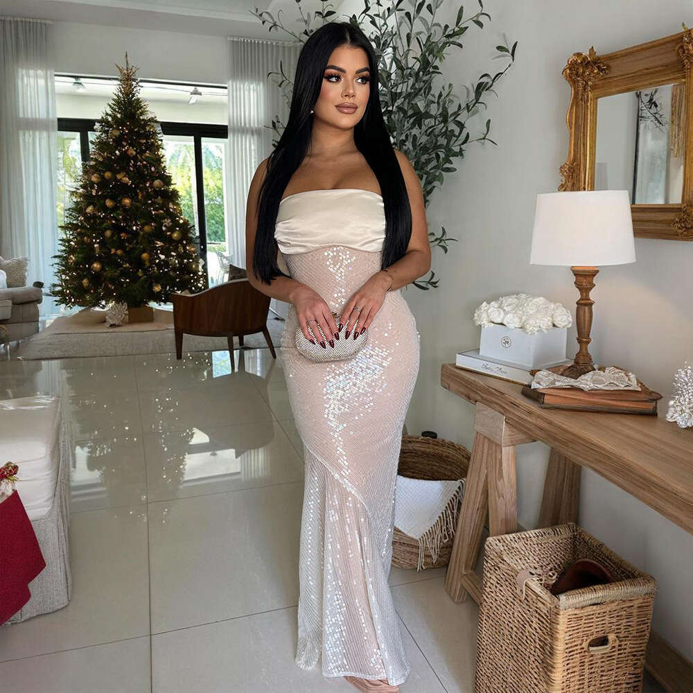 Maxi Dress Wind Women S Sexy And Fashionable Strapless Backless Patchwork Sequined Fish Tail Formal Dress Formai Dress