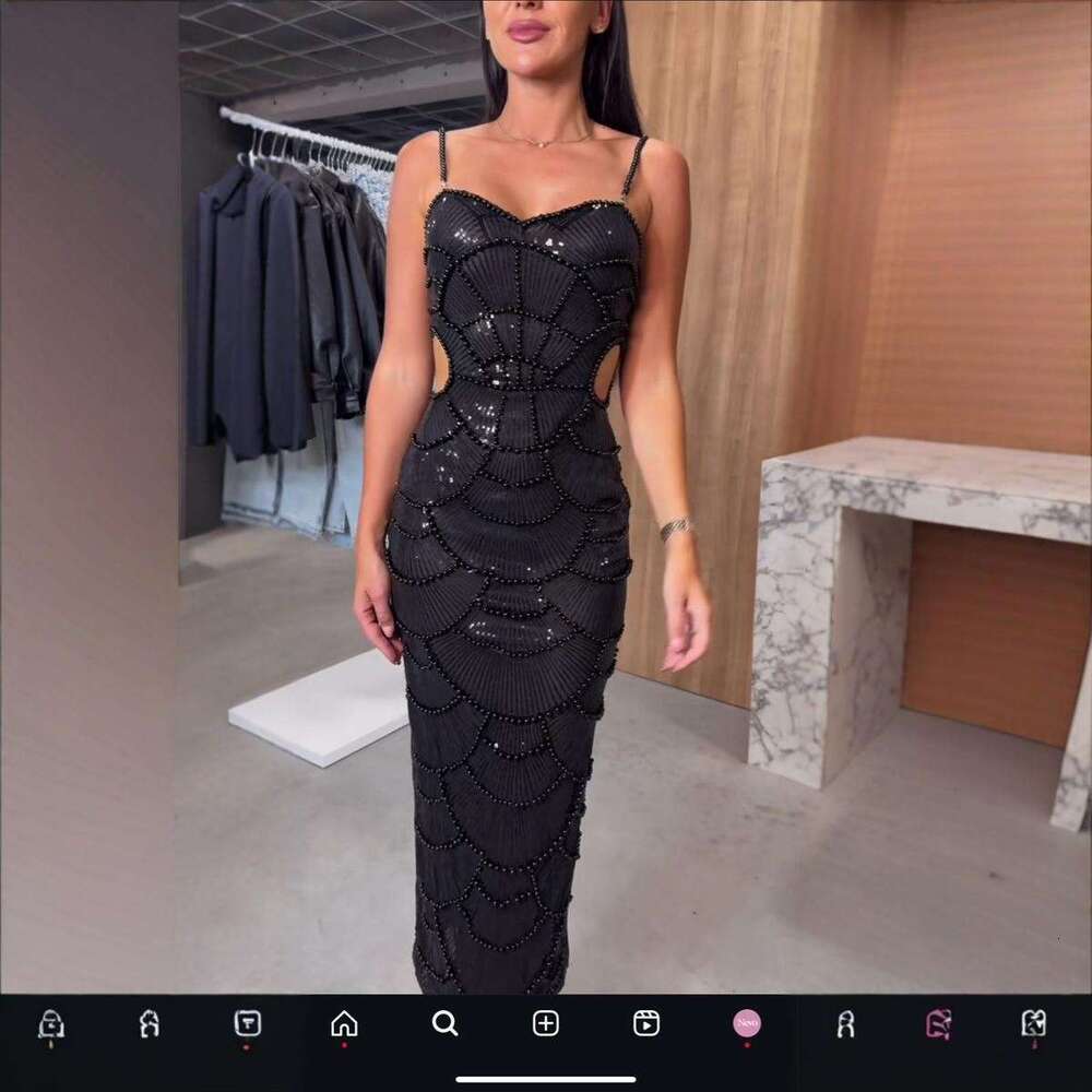 Maxi Dress Exquisite Sequin Nail Bead Waist Hollow Suspender Dress Socialite Birthday Party Dinner Dress KQ