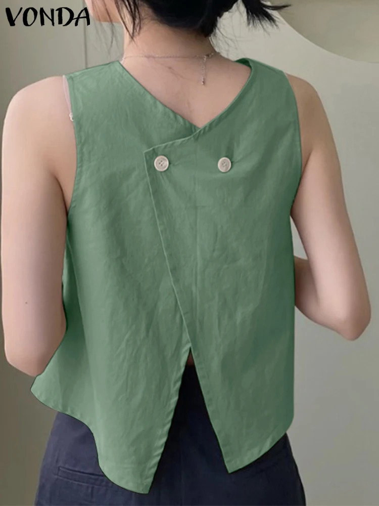 VONDA Vintage Shirt Sleeveless Both Side Wear Tops 2025 Casual Loose Buttons Top Summer Blouse Solid Color Blusas 250516Z